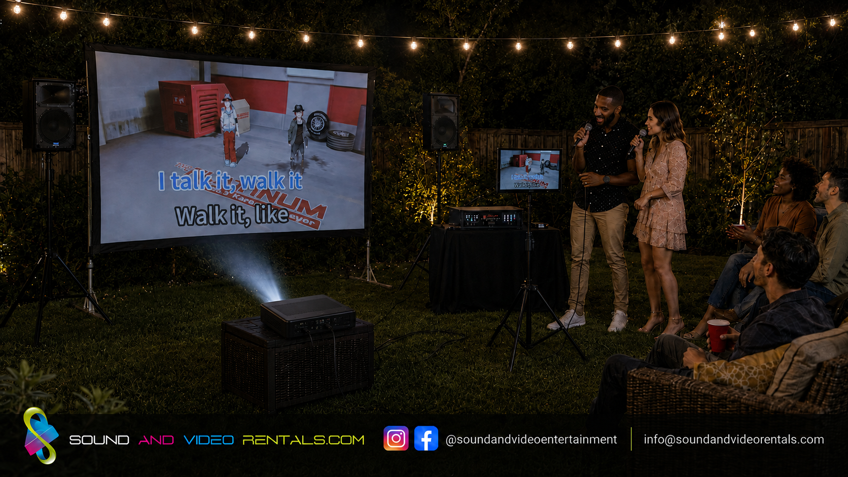 Outdoor karaoke setup with projector, screen, sound system and singer monitor