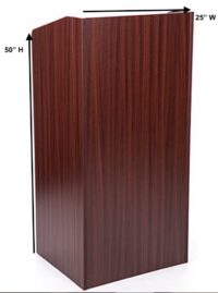 Mahogany wood podium with 25-inch width and 50-inch height dimensions