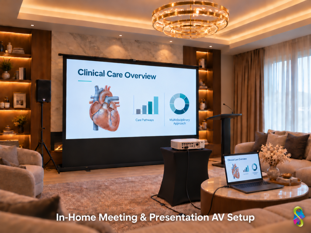 In-home presentation AV setup with projection screen, projector, laptop, speaker, and podium