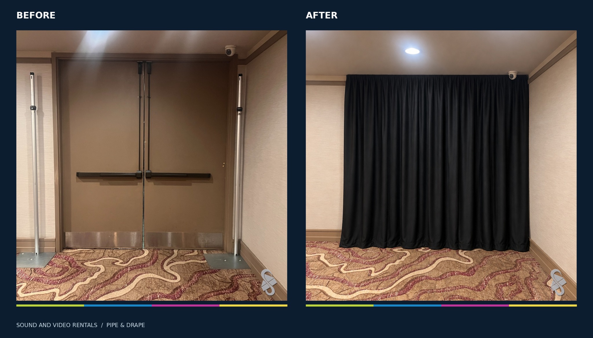 Black Pipe and Drape Before and After Before and after black pipe and drape installation covering an event venue doorway