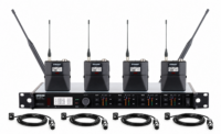 Shure ULXD14Q quad-channel bodypack system with four ULXD1 transmitters and four WL185 lavalier microphones