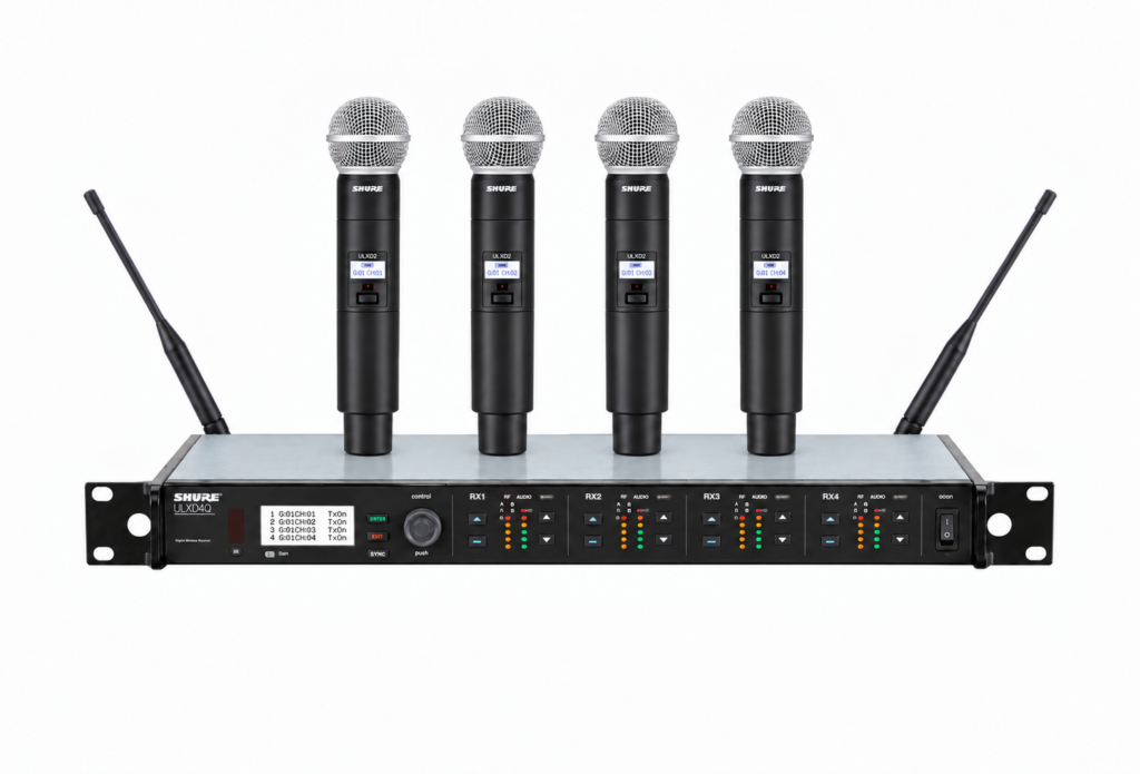 Shure ULXD4Q receiver with four upright ULXD2 handheld microphones and two antennas