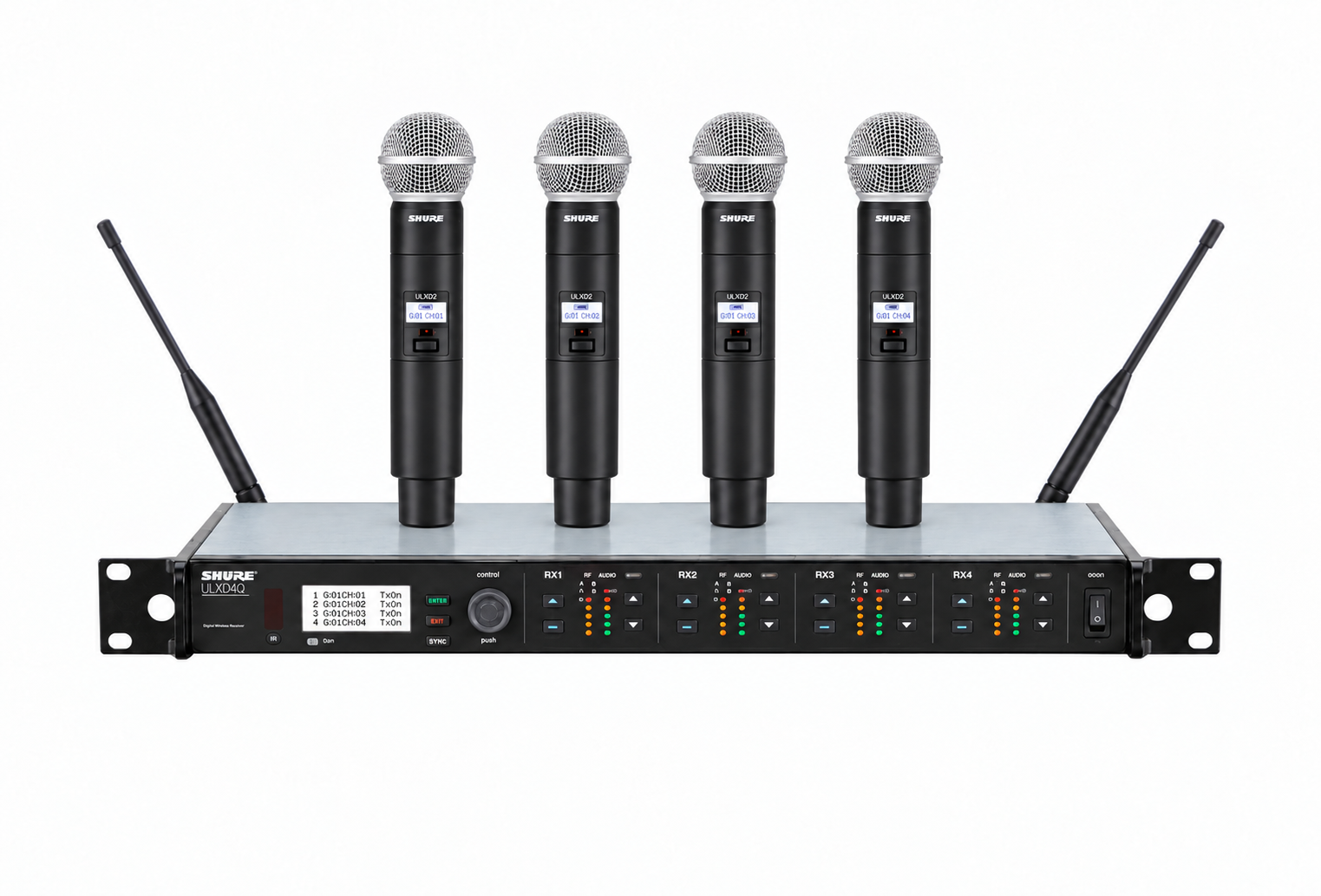 Shure-ULXD4Q-Four-Handhelds-Above-Receiver Shure ULXD4Q receiver with four upright ULXD2 handheld microphones and two antennas