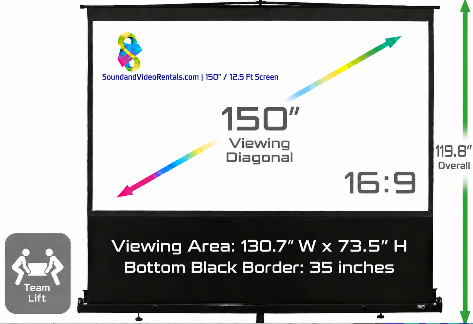 ES ezCinema 150-Inch Projection Screen Specifications ES ezCinema 150-inch projector screen dimensions and viewing area