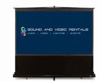 ES ezCinema floor pull-up projector screen with Sound and Video Rentals logo