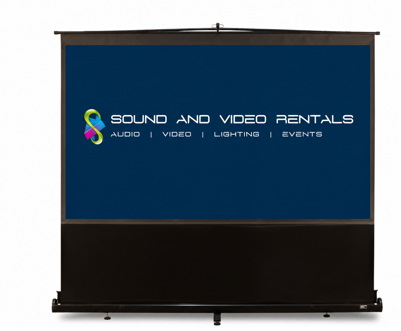 ES ezCinema Floor Pull-Up Projector Screen – Front View ES ezCinema floor pull-up projector screen with Sound and Video Rentals logo