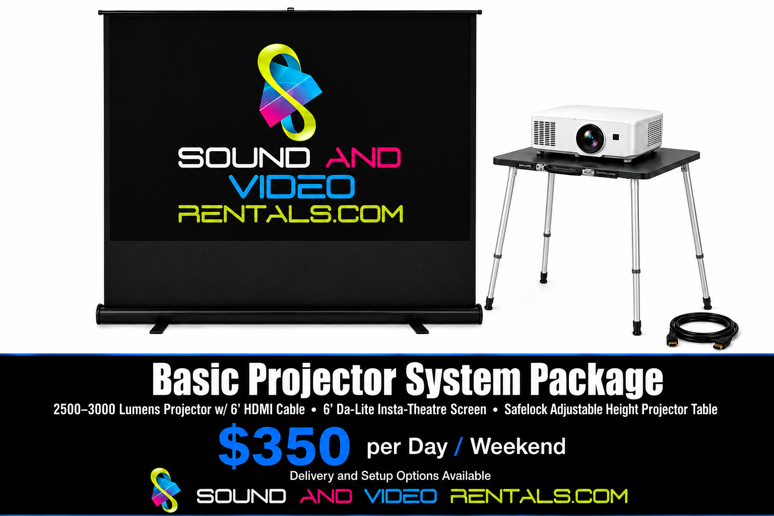 Basic Projector System Package — $350 per Day or Weekend; Delivery and Setup Options Available
